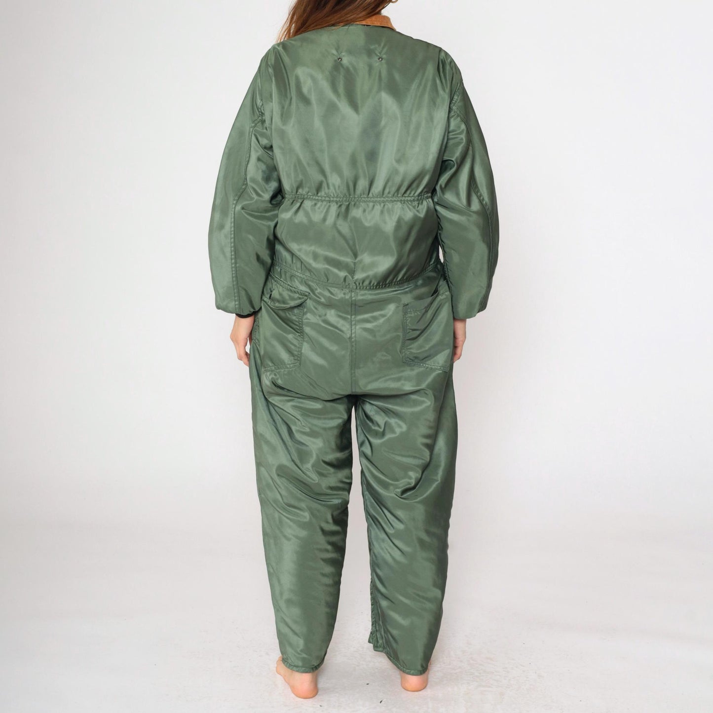 80s Green Nylon Ski Suit Brown Corduroy Collar Quilted Snowsuit Medium