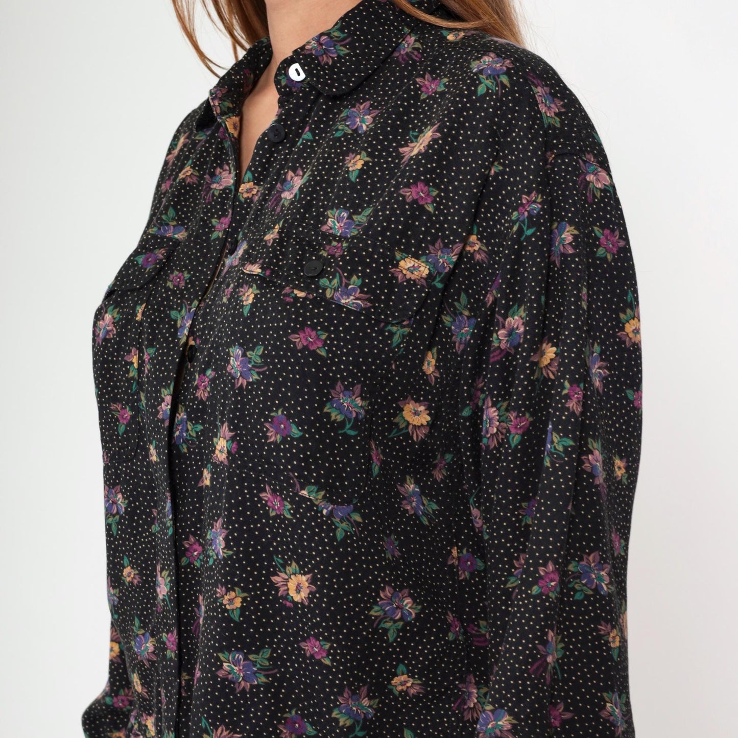 90s Liz Claiborne Floral Polka Dot Two Piece Set Black Button Up Blouse Tapered Pants Medium