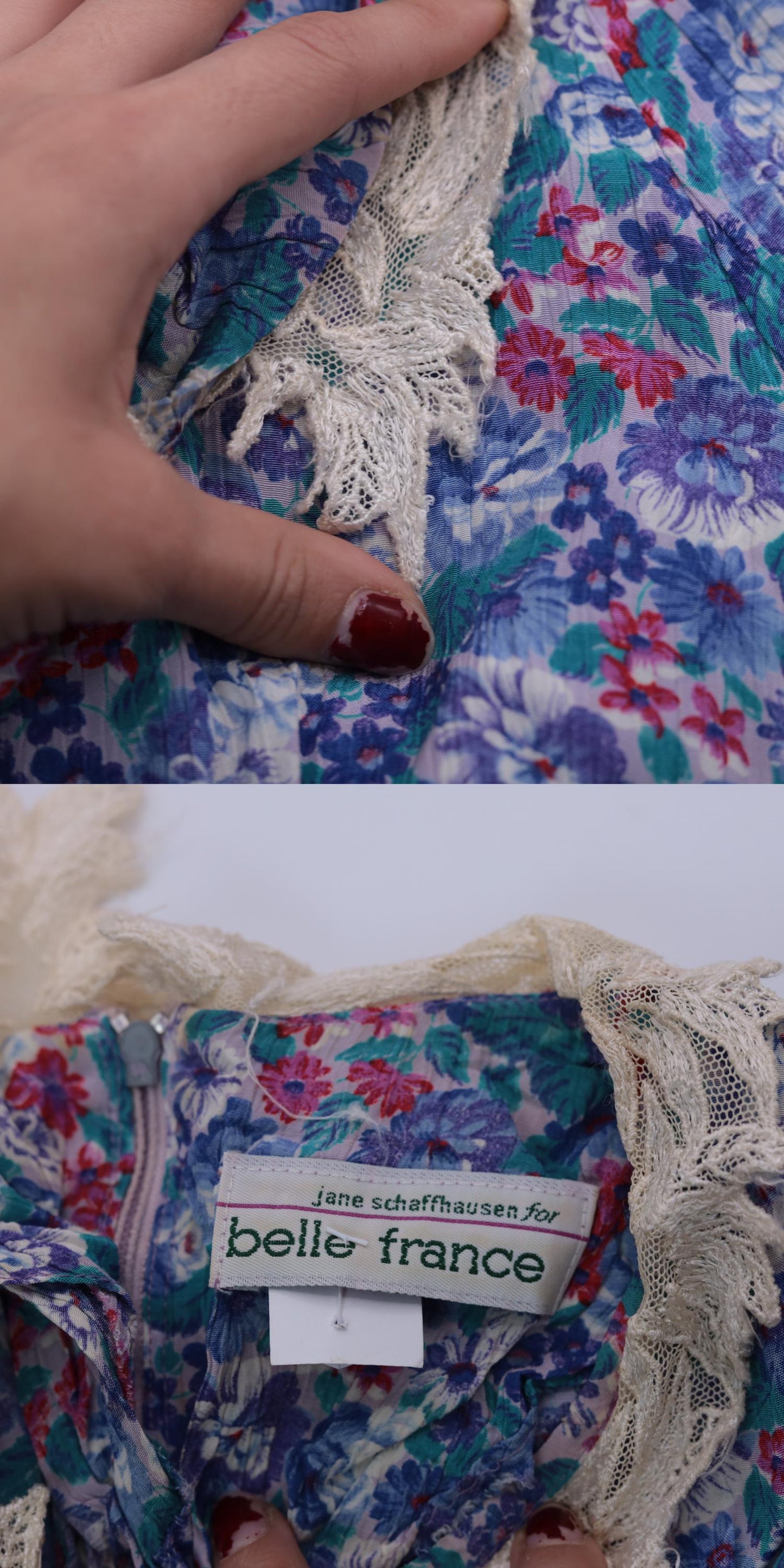 80s Floral Midi Dress Multicolor Puff Sleeve Lace Collar Drop Waist Medium