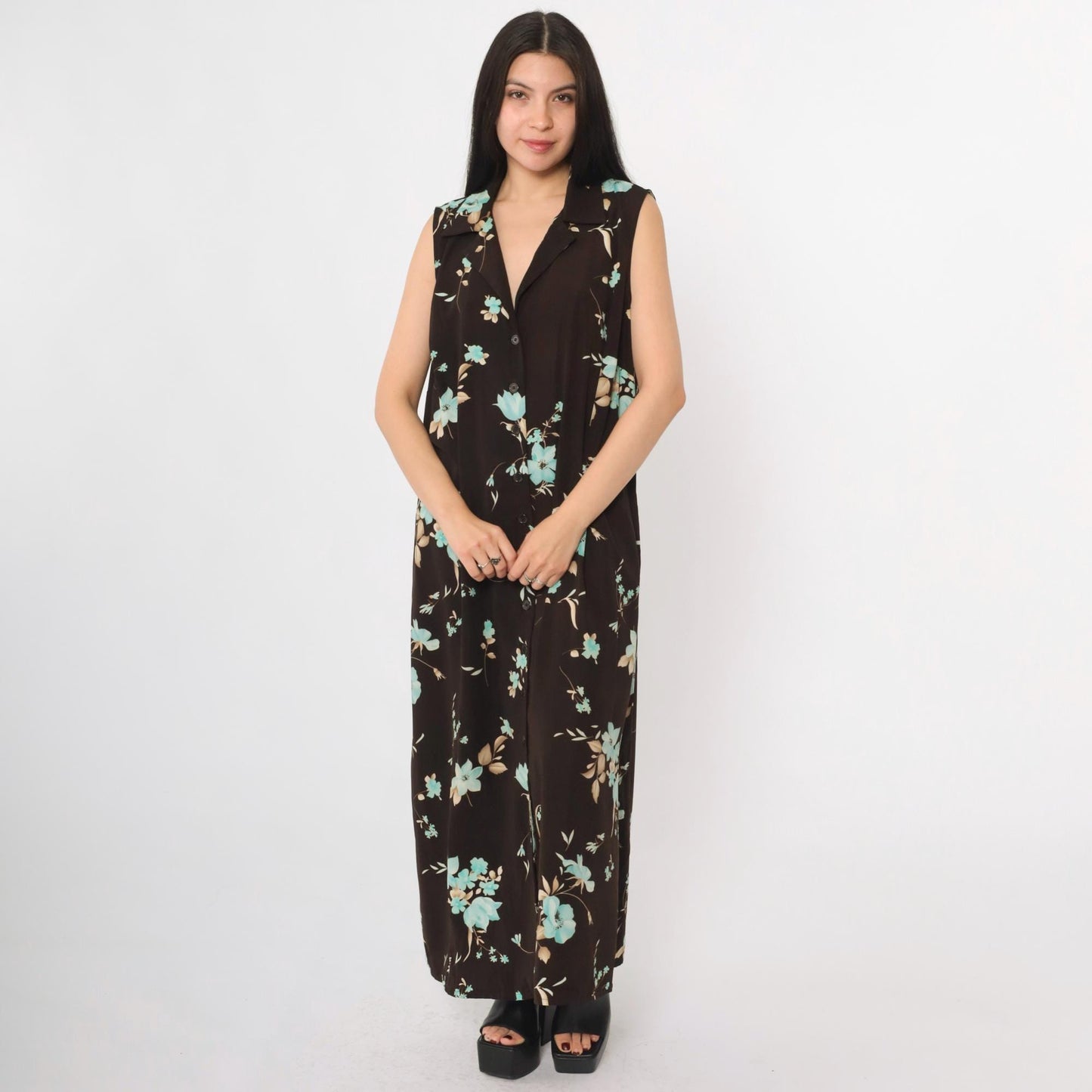 90s Studio I Brown Floral Maxi Dress Plus Size 18W Sleeveless Collared V-Neck