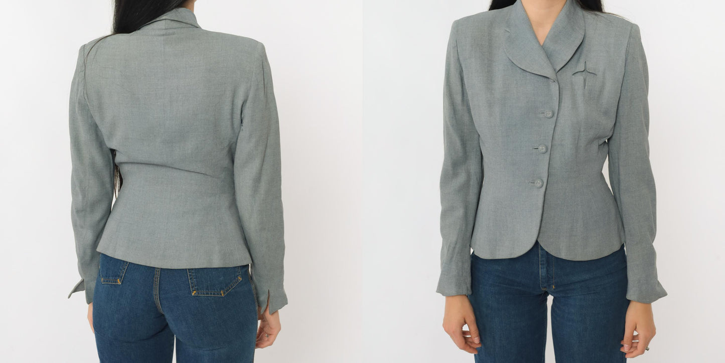 1940s Grey Wool Blazer Cropped Sculpted Waist Shawl Collar Extra Small