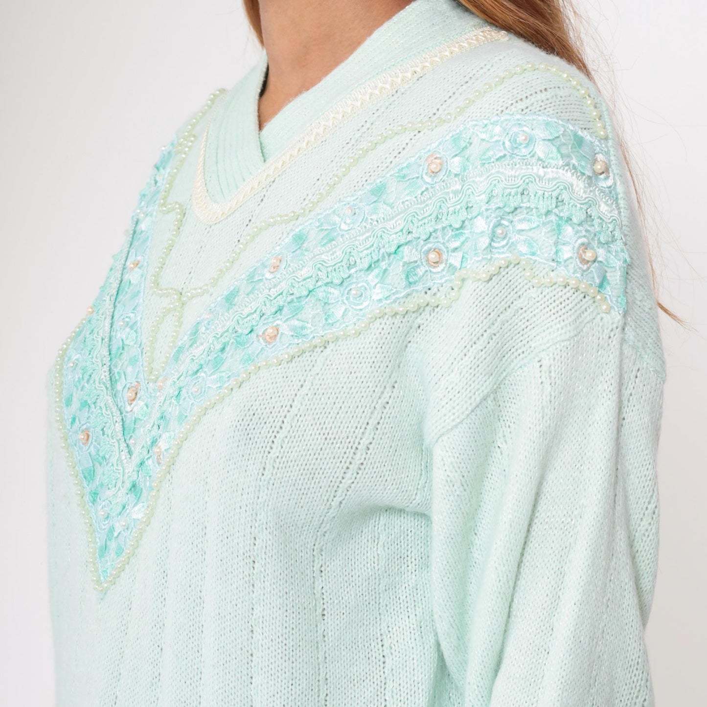 80s Seafoam Pearl Beaded Chevron Sweater Shawl Collar Knit Small