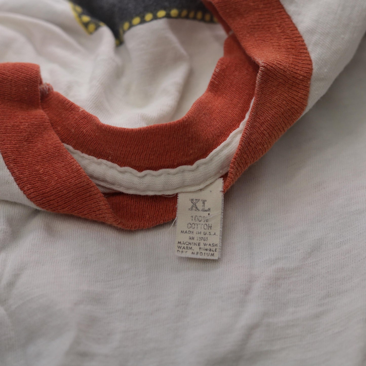 70s Male Jeans Ringer T-Shirt White Orange Trim Pinup Graphic Medium