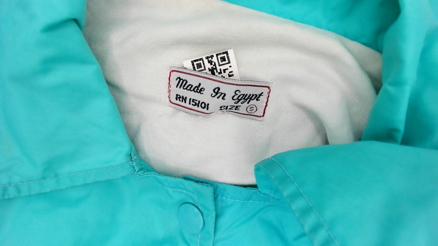 80s Teal Nylon Windbreaker Snap-Up Jacket Cotton Lined Small