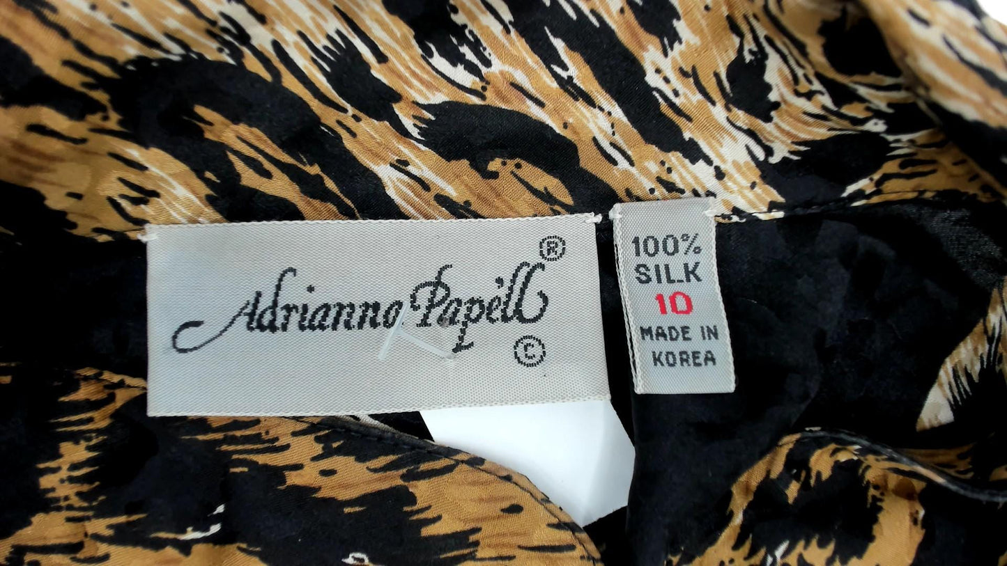 90s Adrianna Papell Silk Blouse Leopard Stripe Ruffle Long Sleeve Medium