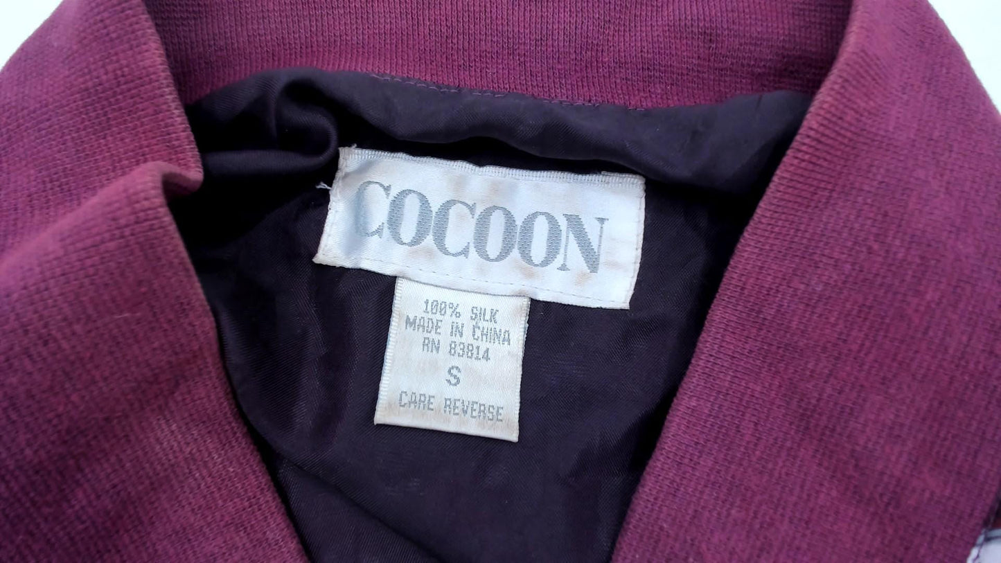 90s Cocoon Silk Windbreaker Jacket Abstract Geometric Print Burgundy Small S