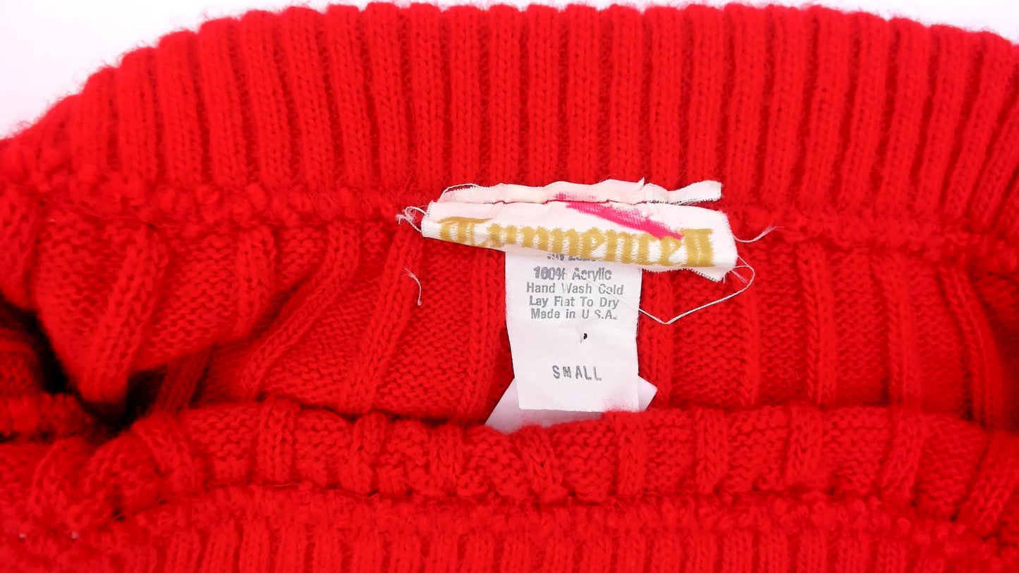 70s Red Ribbed Knit Mini Skirt High Waist A-Line Small