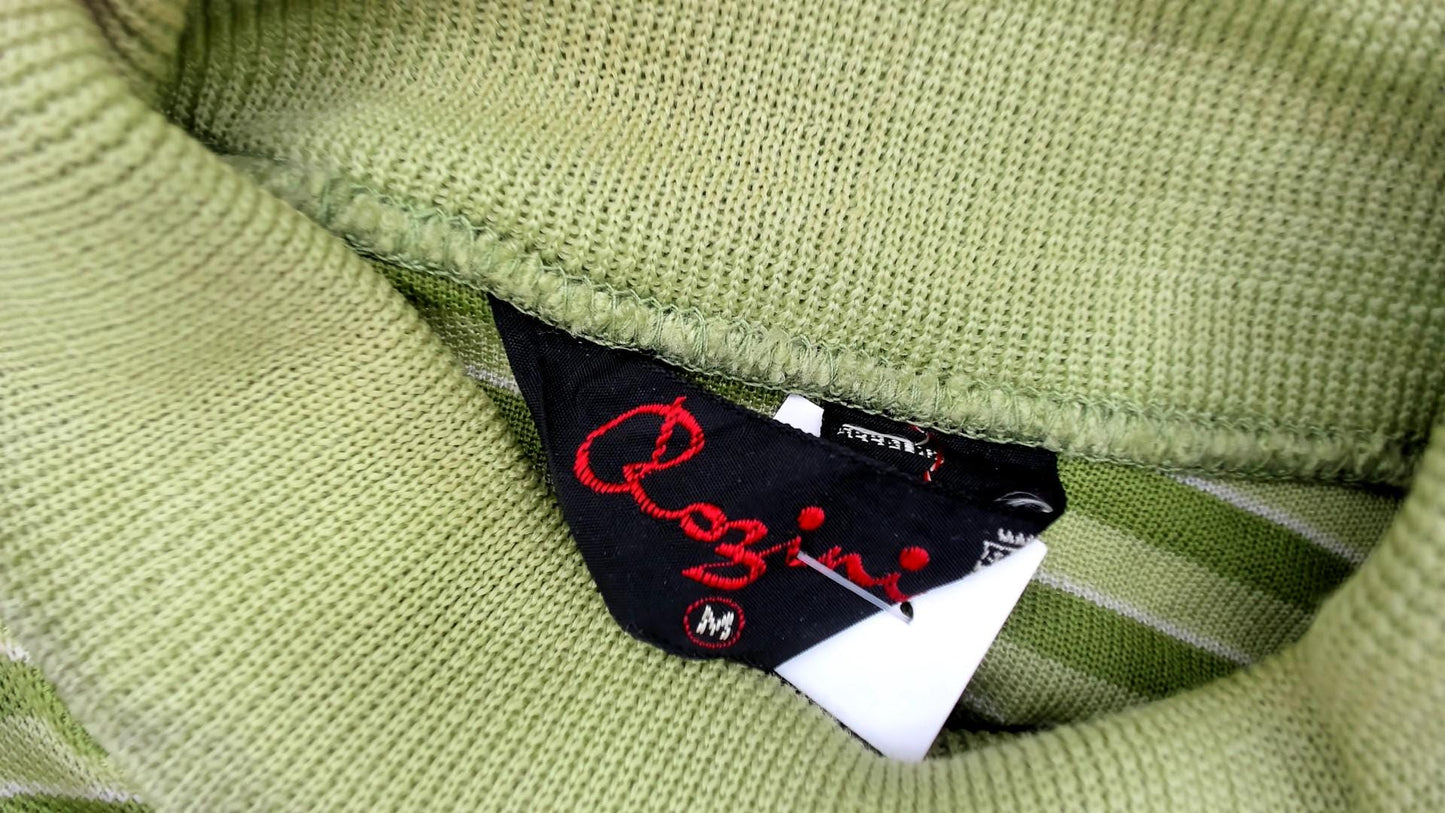 70s Striped Mock Neck Top Green Lime Short Sleeve Knit Pullover Medium Large