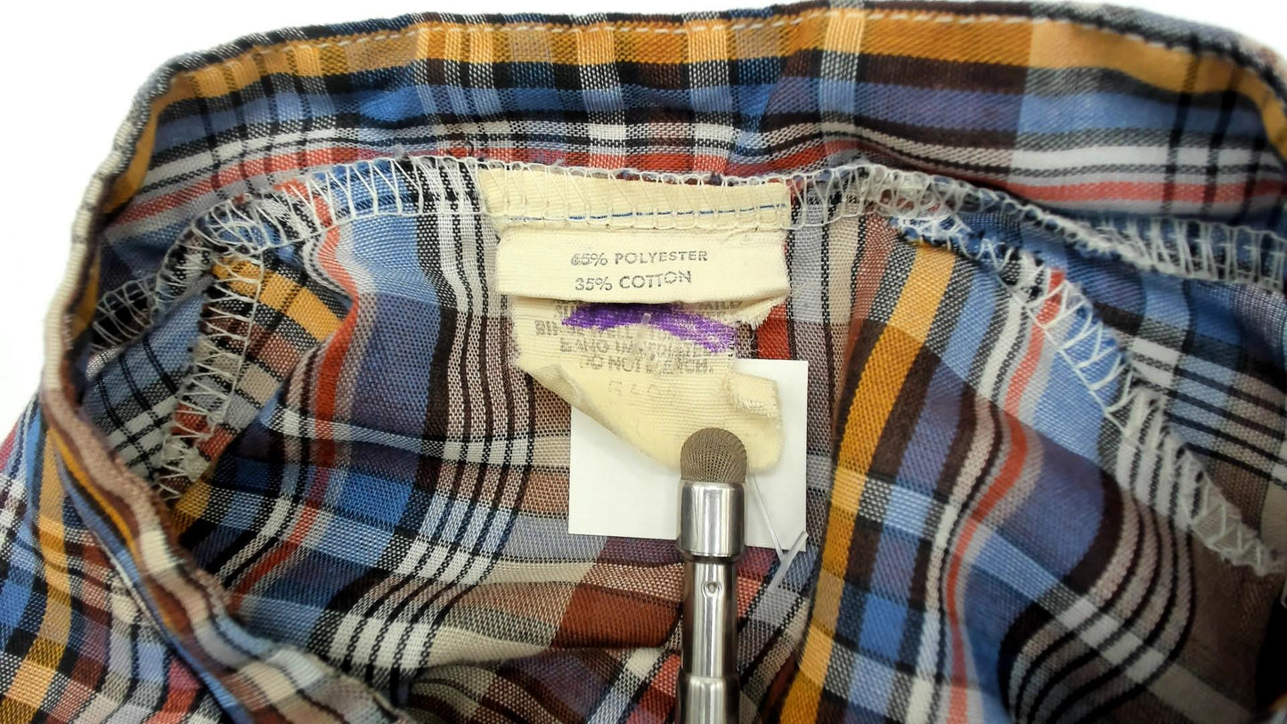 80s Plaid Blouse Mandarin Collar Puff Sleeve Brown Blue Yellow Cotton Medium M