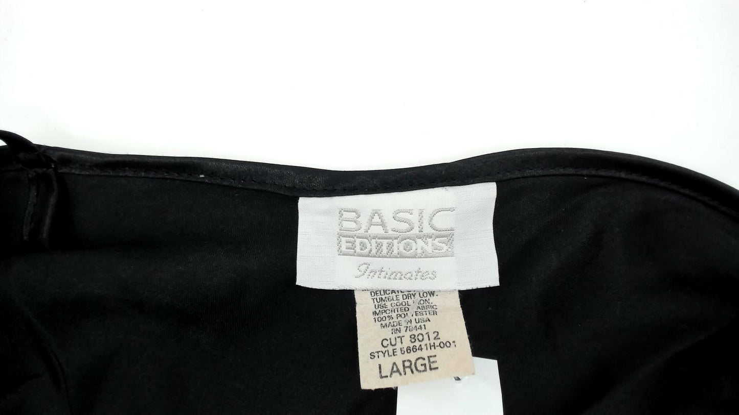90s Black Satin Slip Dress Lace Trim V-Neck Spaghetti Strap Mini Large L
