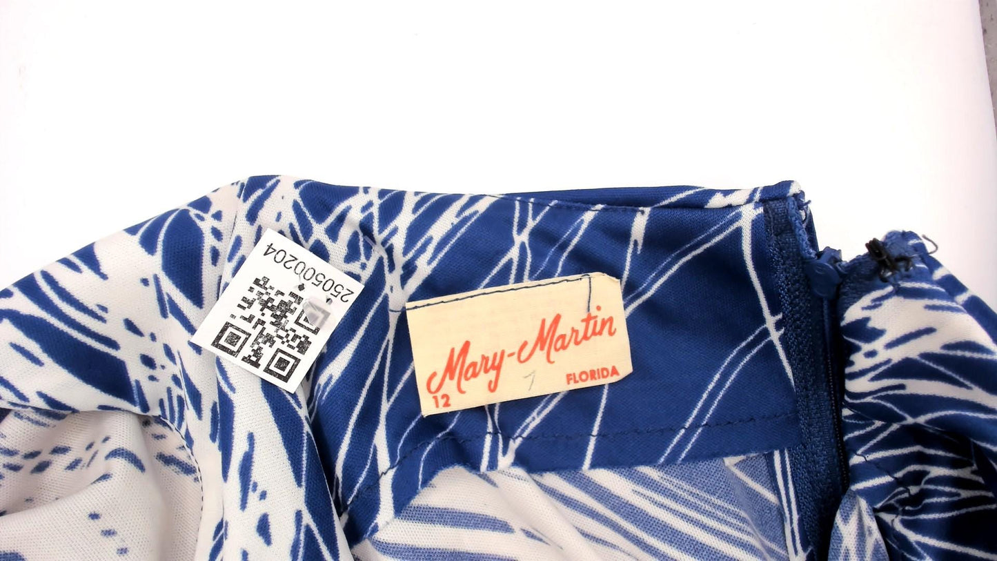 70s Mary Martin Maxi Dress Blue White Brushstroke Capelet Boat Neck Medium