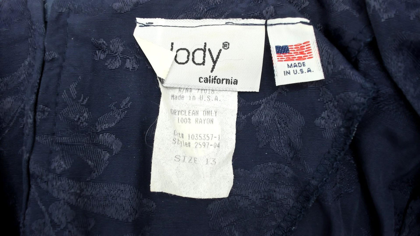 90s Navy Floral Jacquard Dress Short Sleeve Scoop Neck A-Line Lace Trim Large