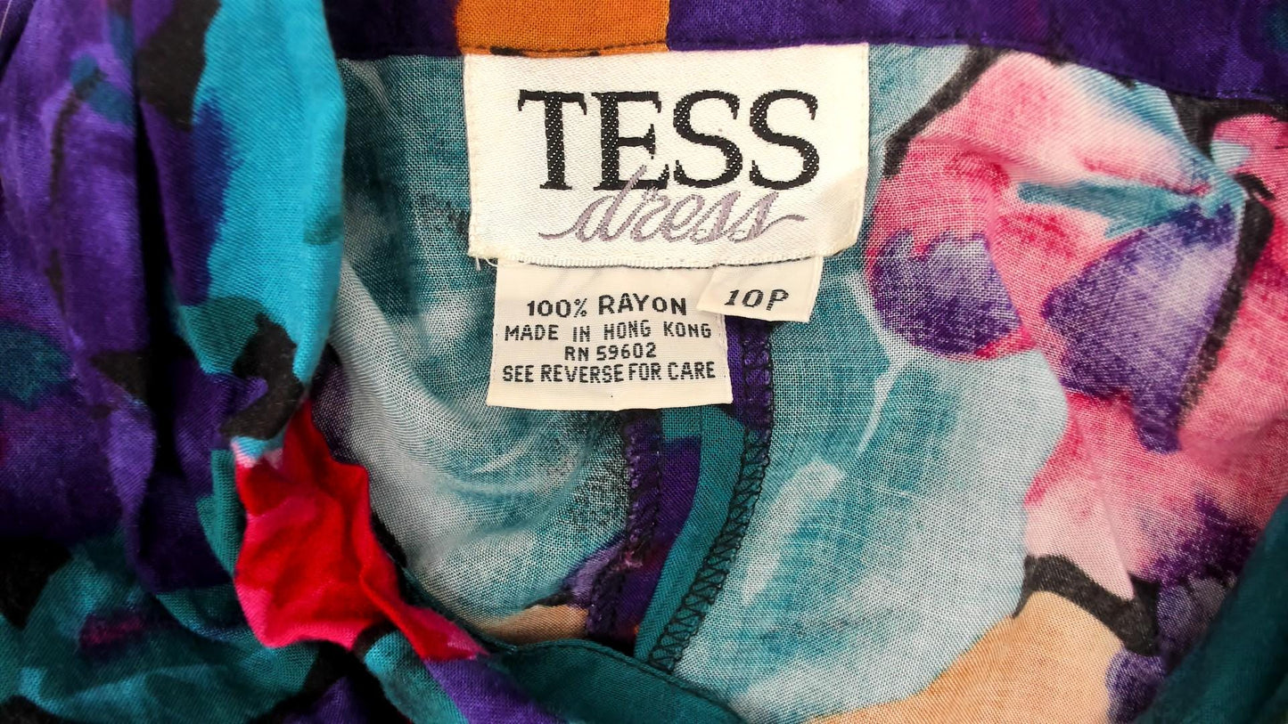 90s Tess Dress Tropical Floral Print V-Neck Tie Waist Dress Medium M