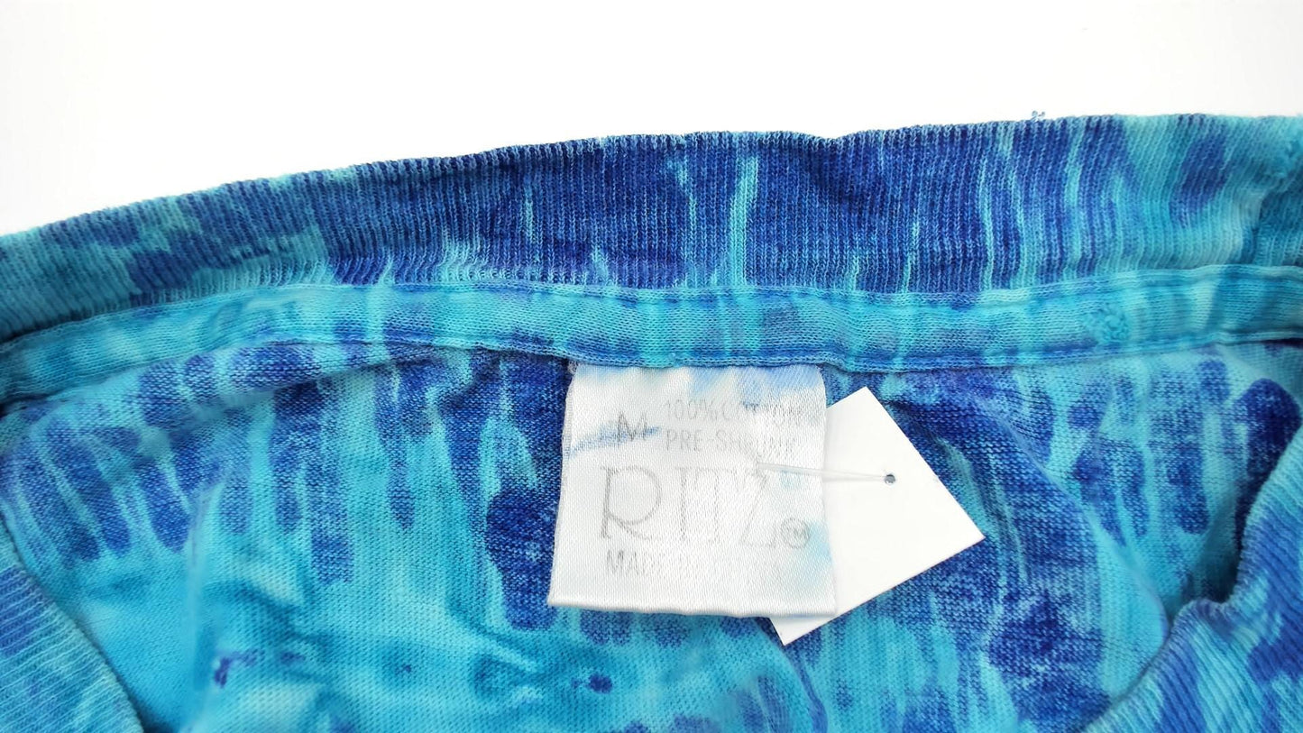 90s Blue Tie Dye Horizontal Stripe Cotton T-Shirt Crew Neck Medium