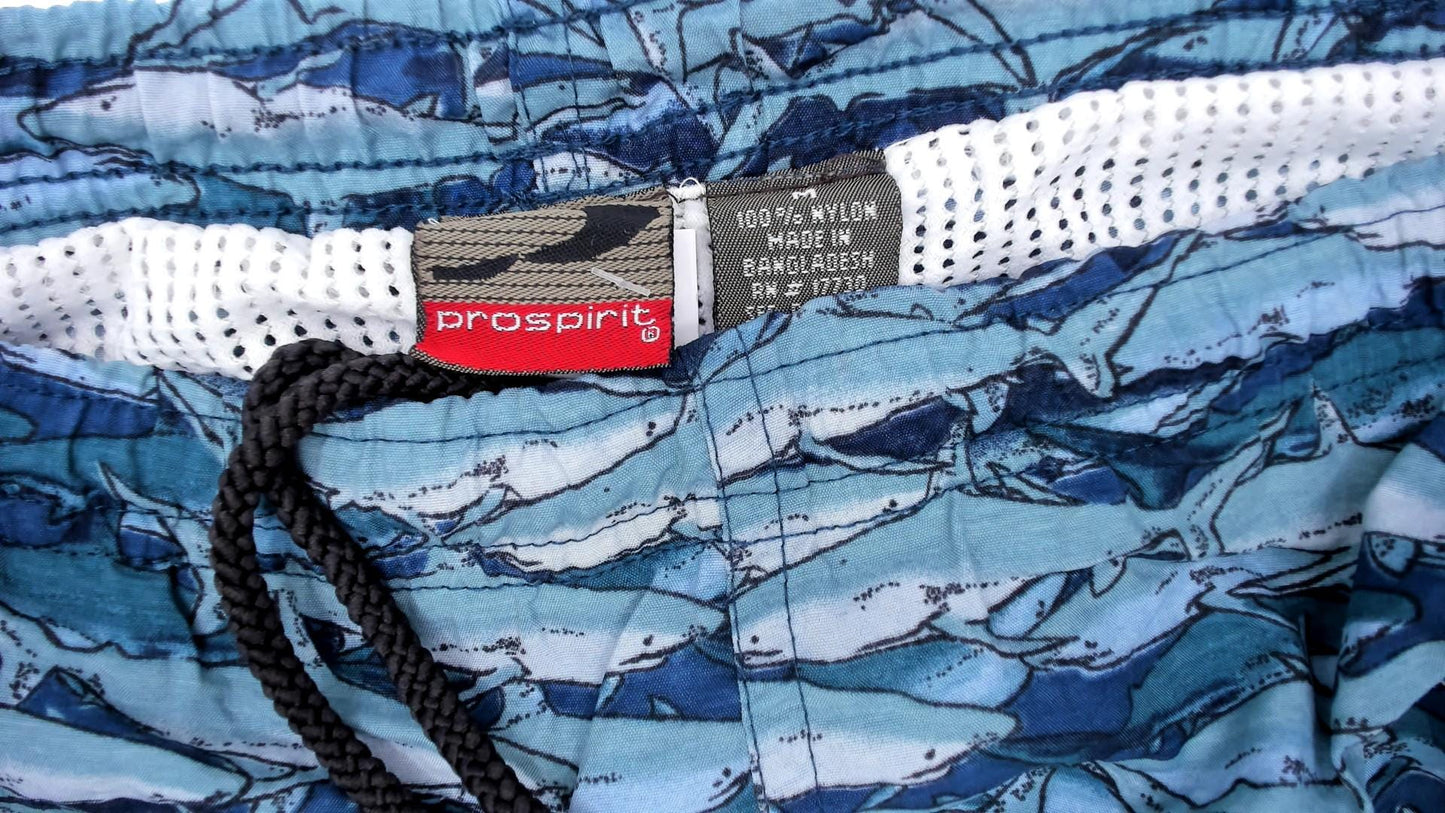 Y2K Shark Print Swim Trunks Ocean Blue Mesh Lined Board Shorts Medium M