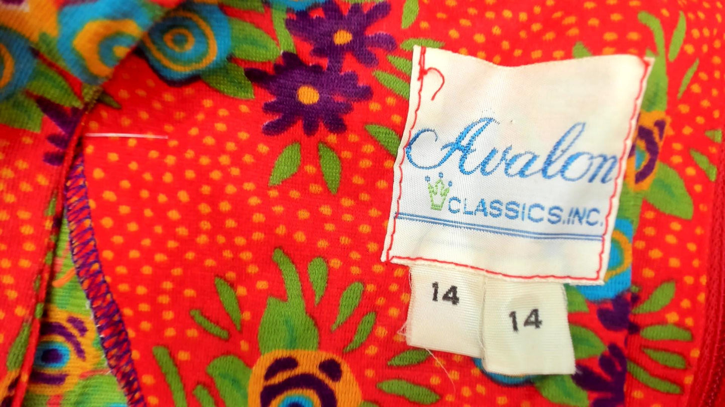 70s Avalon Classics Floral Mini Dress Coral Orange Empire Waist Long Sleeve Medium