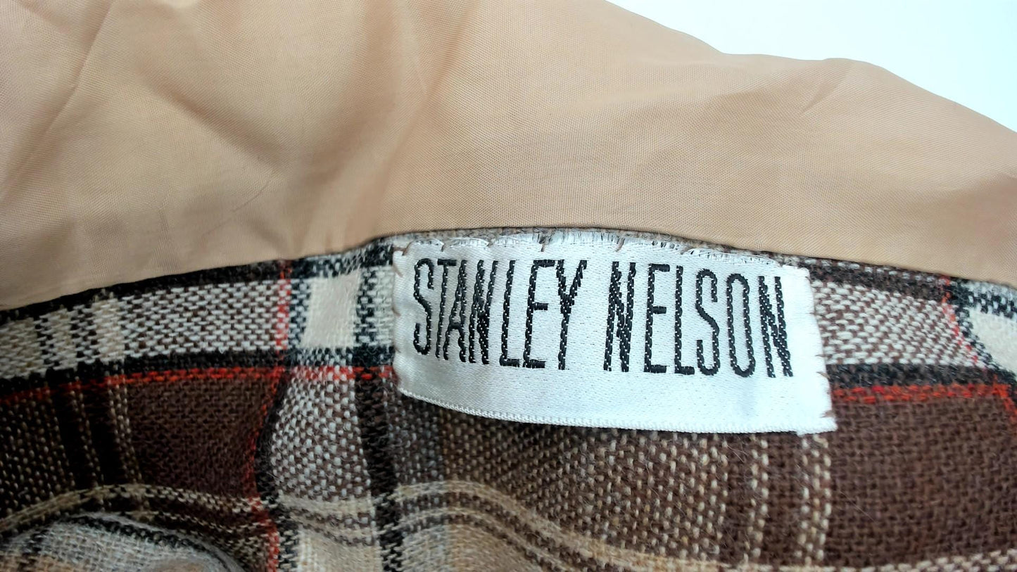 70s Plaid Wool Vest Tan Brown Double-Breasted Lapel Tailored Large L