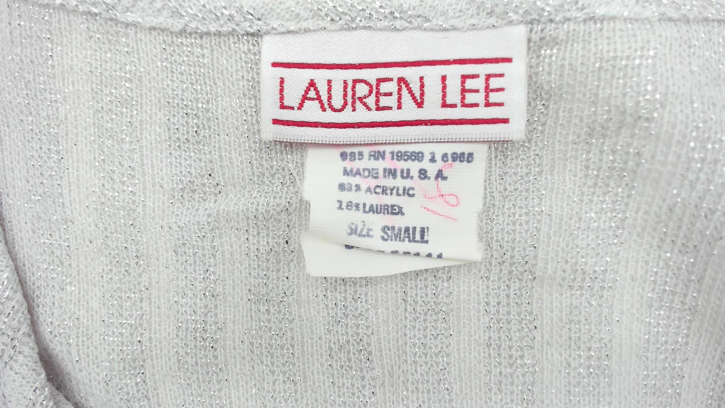 70s Lauren Lee Silver Metallic Cardigan Ribbed Knit Button-Up Small