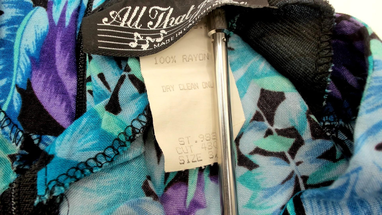 90s Tropical Floral Wrap Dress Turquoise Purple Rayon Mini XS
