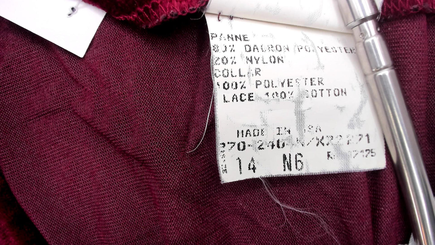 90s Burgundy Velvet Midi Dress White Lace Collar Drop Waist Puff Sleeves Large