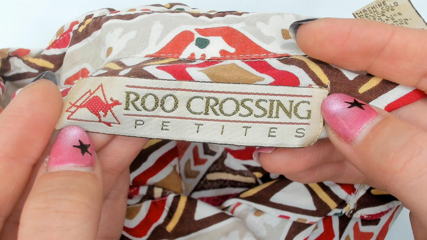 90s Roo Crossings Petites Geometric Print Button Blouse Cream Red Brown Small