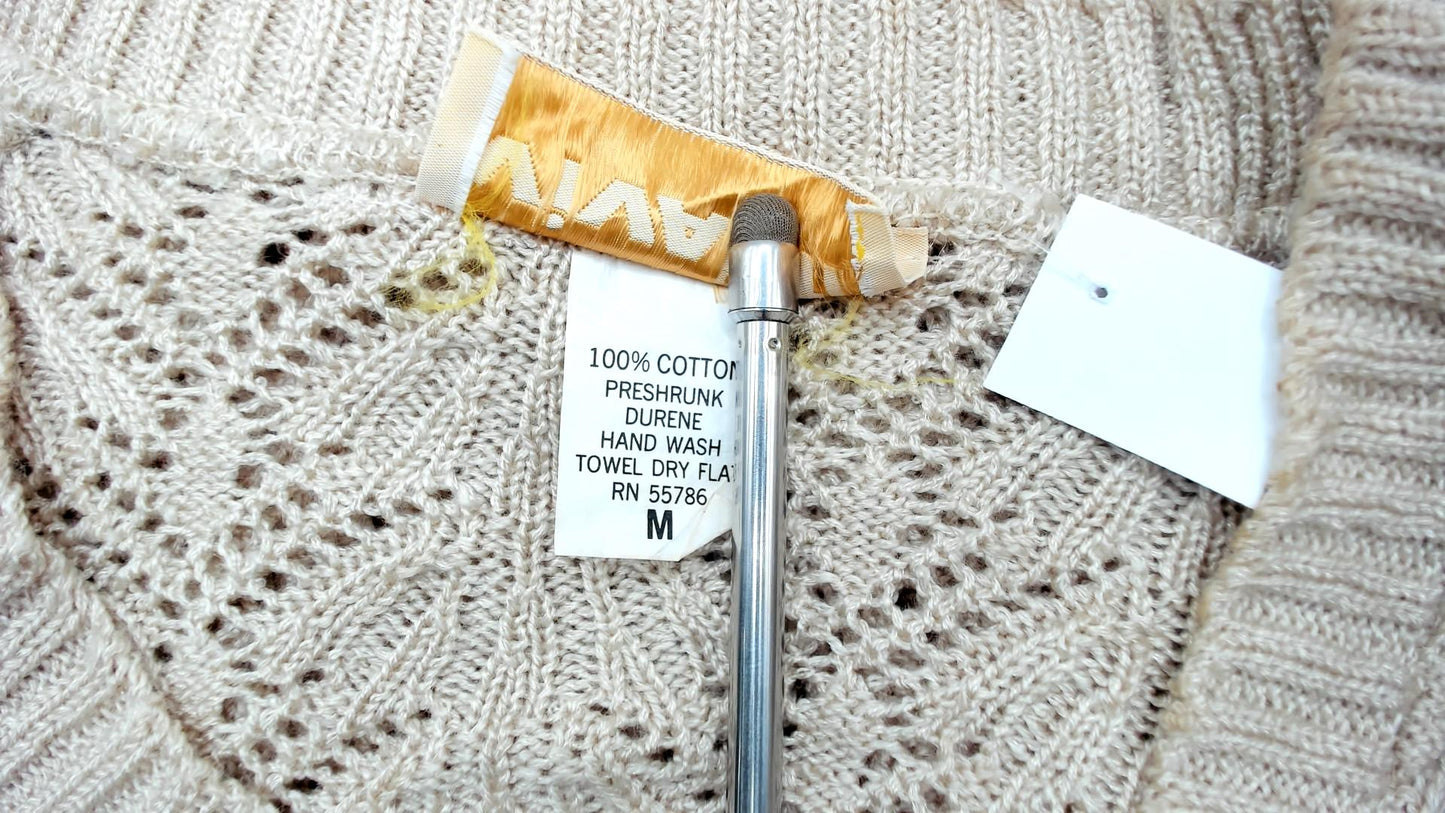 80s Vivanti Pointelle Sweater Cream Cotton V-Neck Chevron Knit Medium M