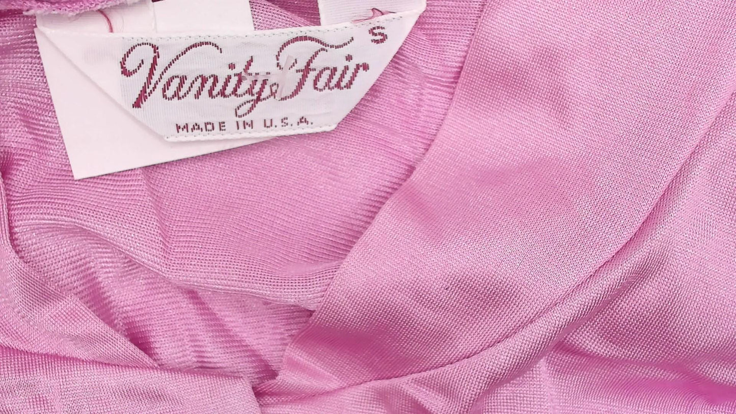 70s Vanity Fair Pink Nylon Robe Mandarin Collar Embroidered Bird Small