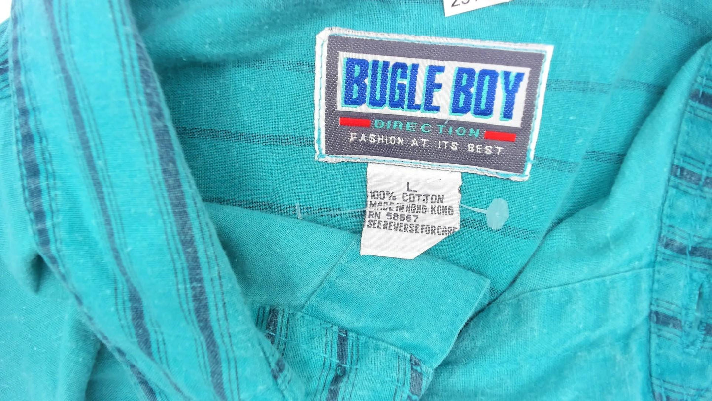 90s Bugle Boy Turquoise Striped Cotton Button-Up Shirt Large L
