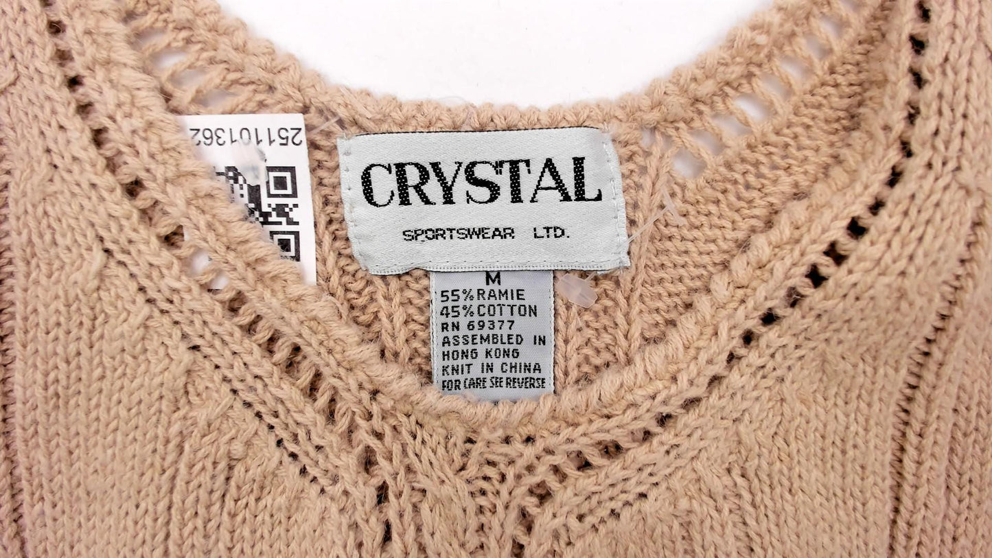 90s Crystal Cream Knit Tank V-Neck Cable Pointelle Cropped Medium M