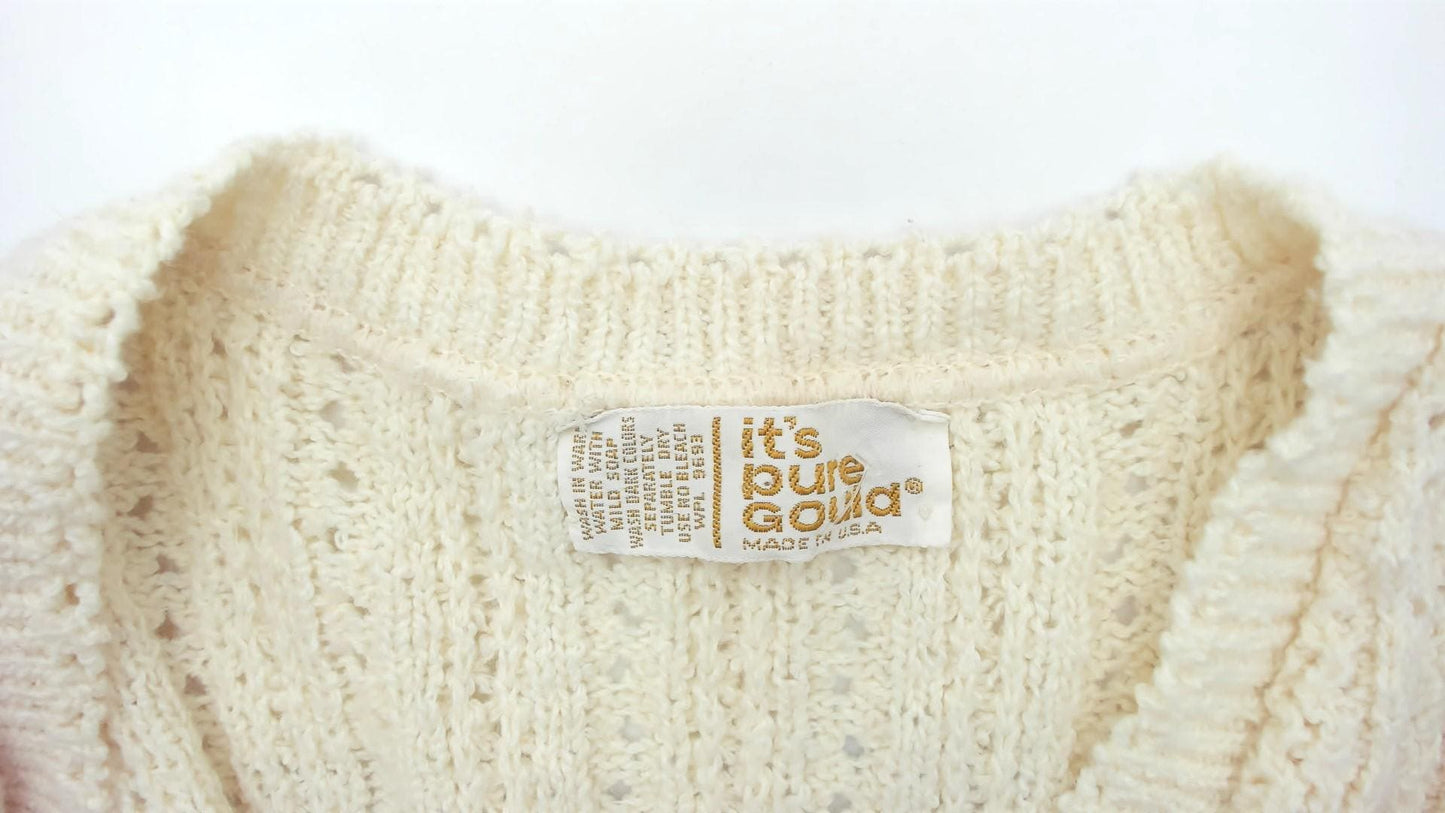 70s Cream Crochet Vest Pointelle Knit Sleeveless Cardigan Small S