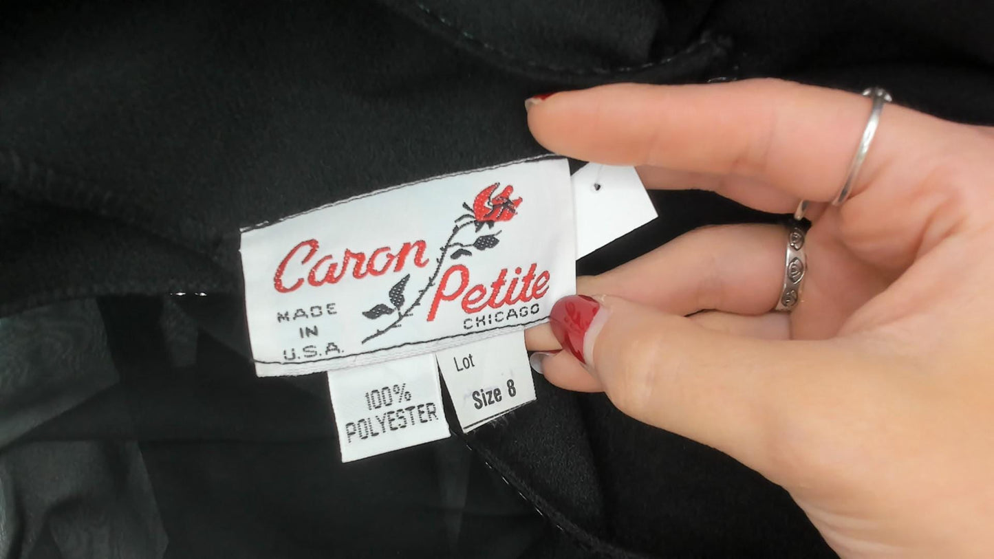 80s Caron Petite Black Pencil Dress Sequin Beaded Cuff Bishop Sleeve Medium