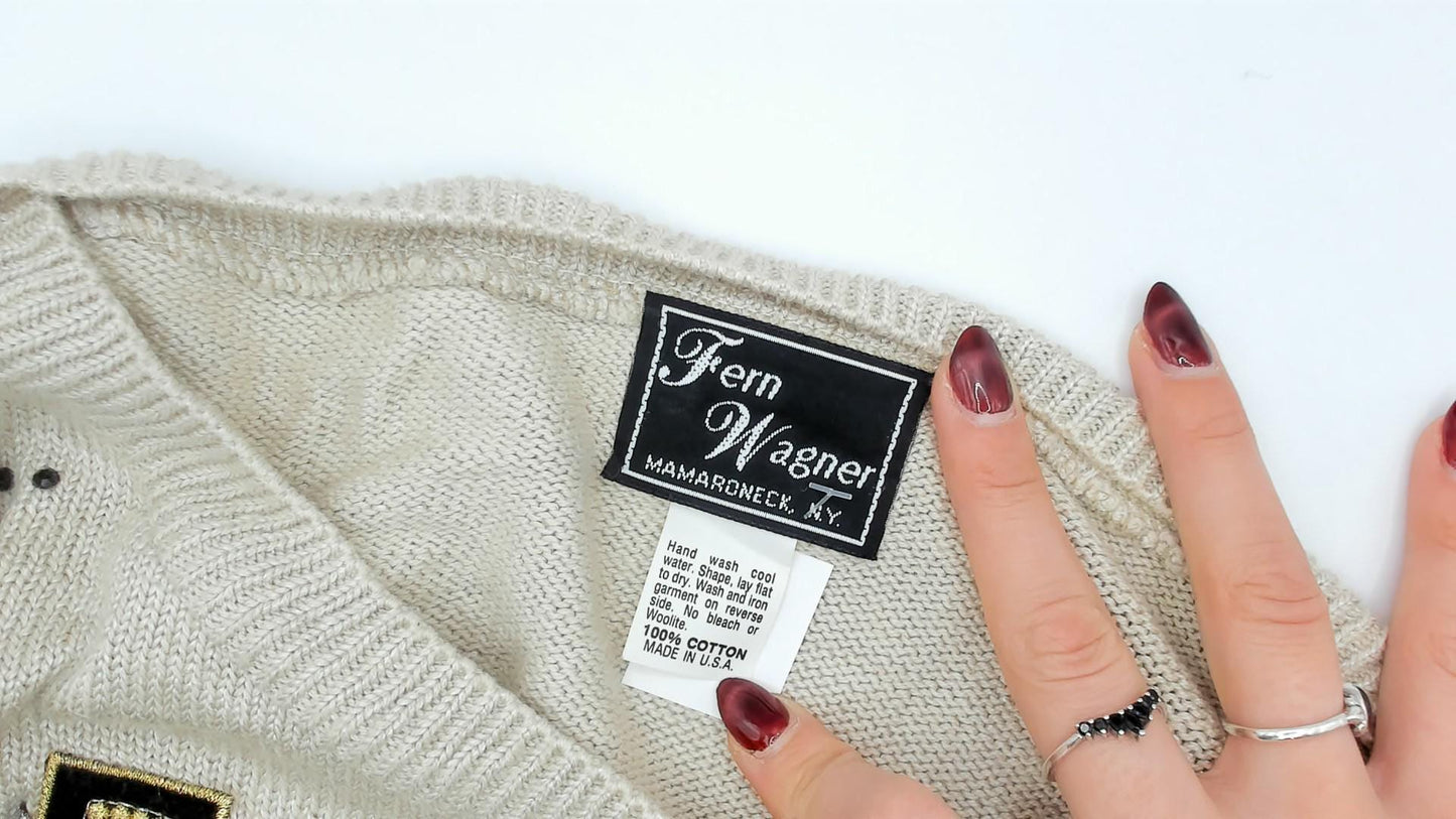 80s Fern Wagner Tan Knit Sweater Beaded Geometric Applique Small