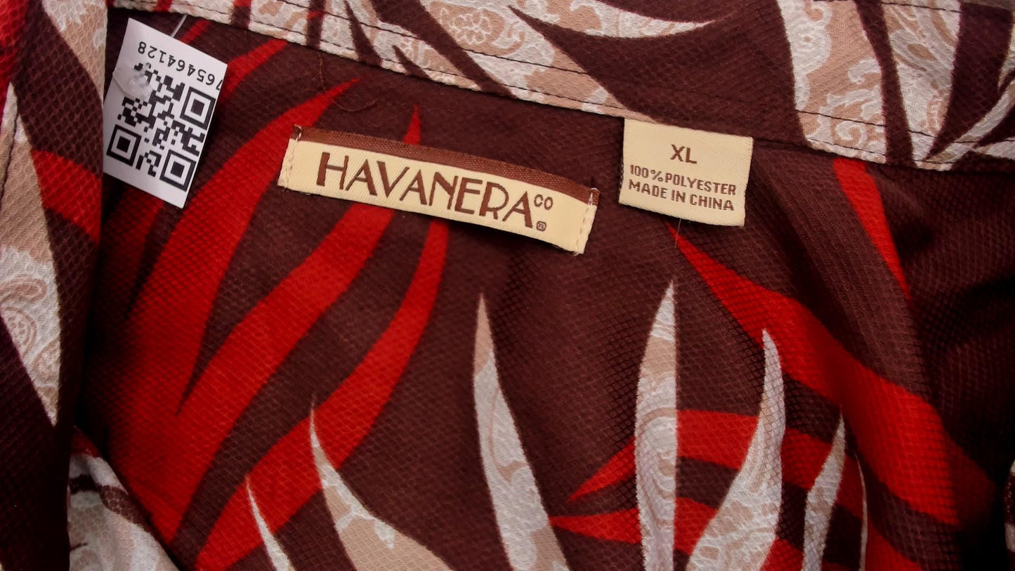Y2K Havanera Hawaiian Shirt Palm Frond Print Rust Brown Cream Extra Large XL