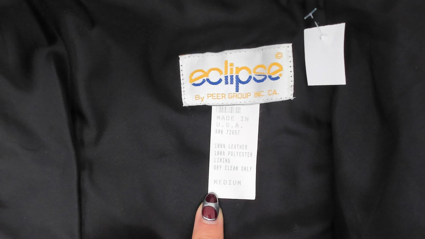 90s Eclipse Black Leather Vest Deep V Button Front Cropped Medium