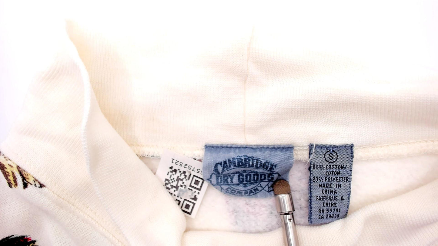 90s Cambridge Dry Goods Tassel Print Sweatshirt Cream Cowl Neck Small