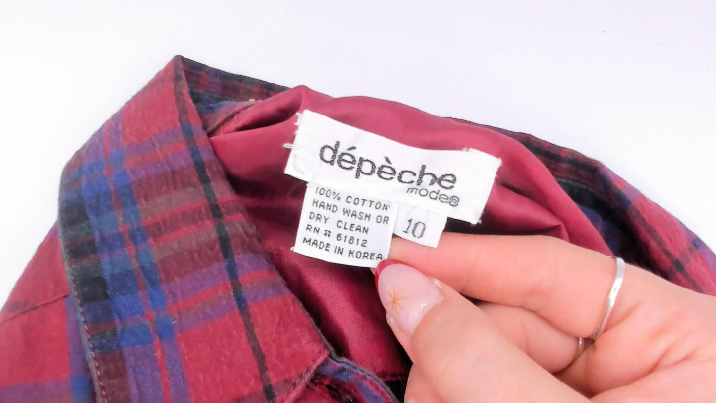 80s Dépèche Mode Plaid Maxi Dress Burgundy Navy Cotton Shirt Collar Medium