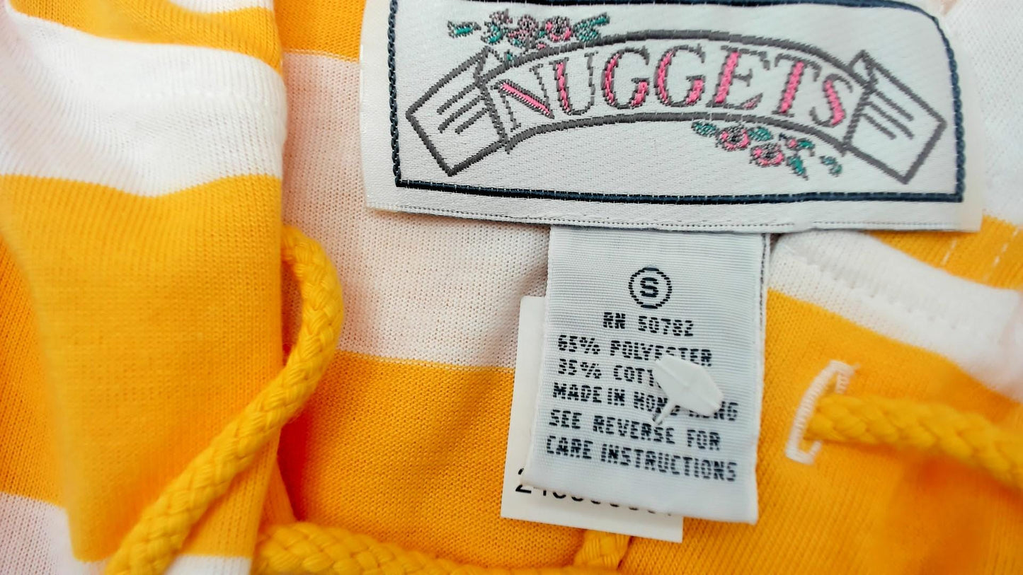 90s Yellow White Striped Short Sleeve Hooded Shirt Lace-Up V-Neck Small
