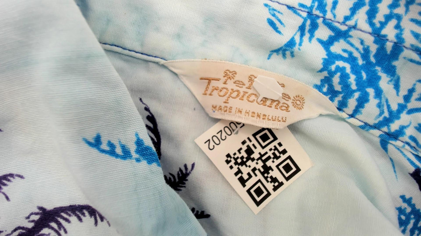 70s Tropicana Hawaiian Shirt Blue Palm Tree Fern Camp Collar Medium