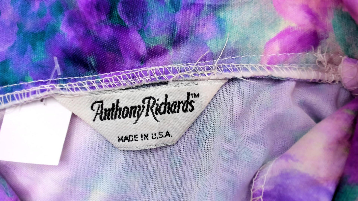 80s Anthony Richards Floral Blouse Purple Lavender Rose Print V-Neck Extra Large