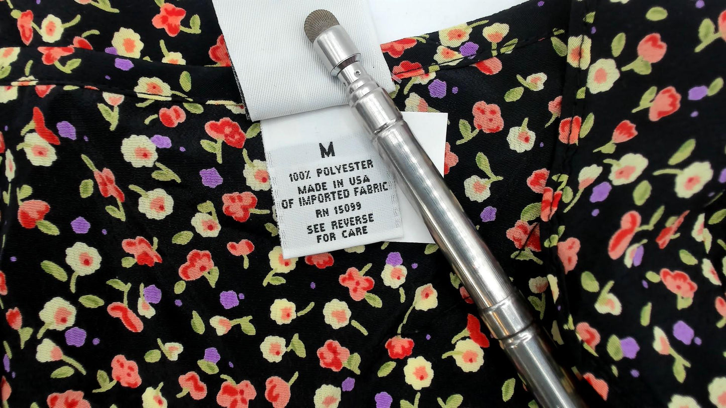 90s Black Ditsy Floral Calico Shift Dress Knee Length Medium M