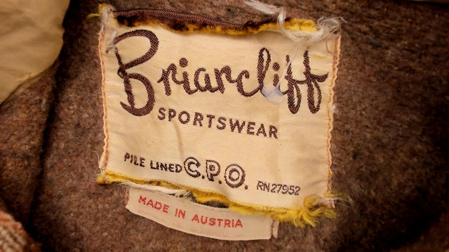 70s Briarcliff Plaid Flannel Shirt Cream Brown Cotton Blend Lined Medium
