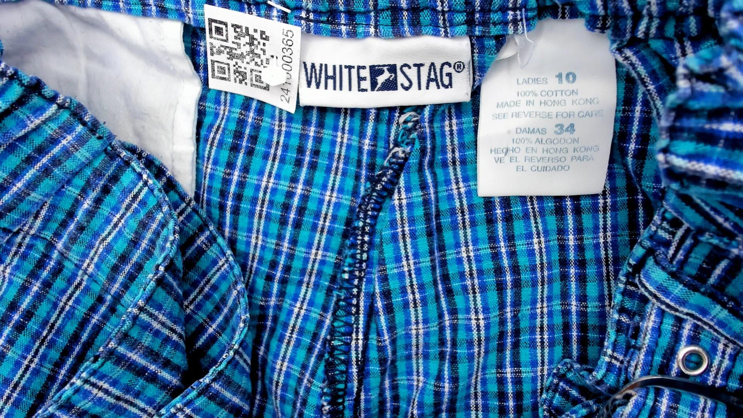 Y2K White Stag Blue Plaid Skort High Waisted Cotton Mini Medium