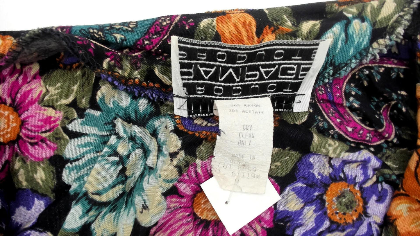 90s Rampage Paisley Floral Tunic Blouse Deep V Neck Rayon Black Purple Medium