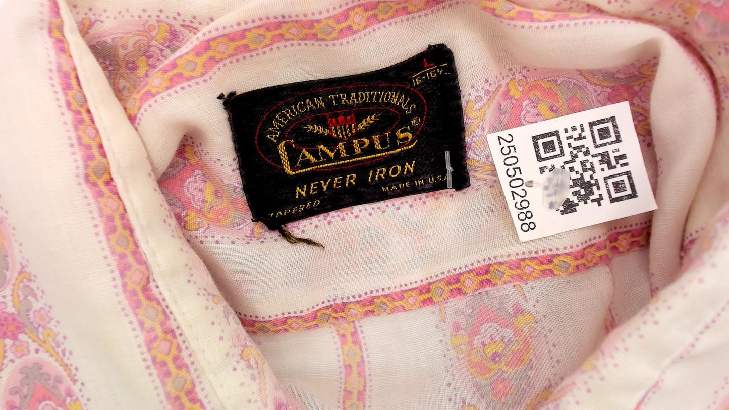 70s Campus Pink Striped Paisley Button-Down Blouse Pointed Collar Large L