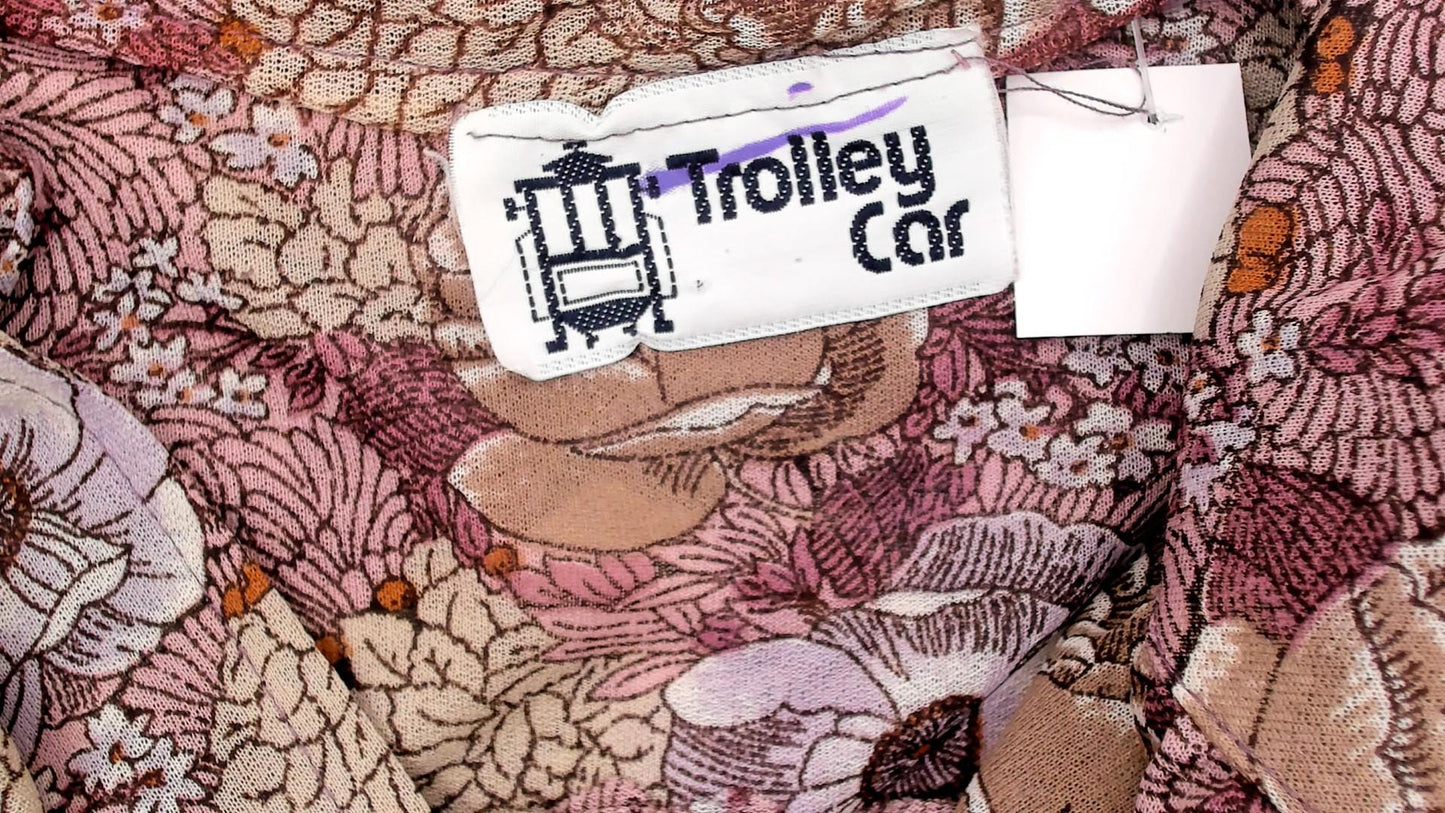 70s Trolley Car Floral Shift Dress Dusty Rose Tie Neck Knee Length Large L