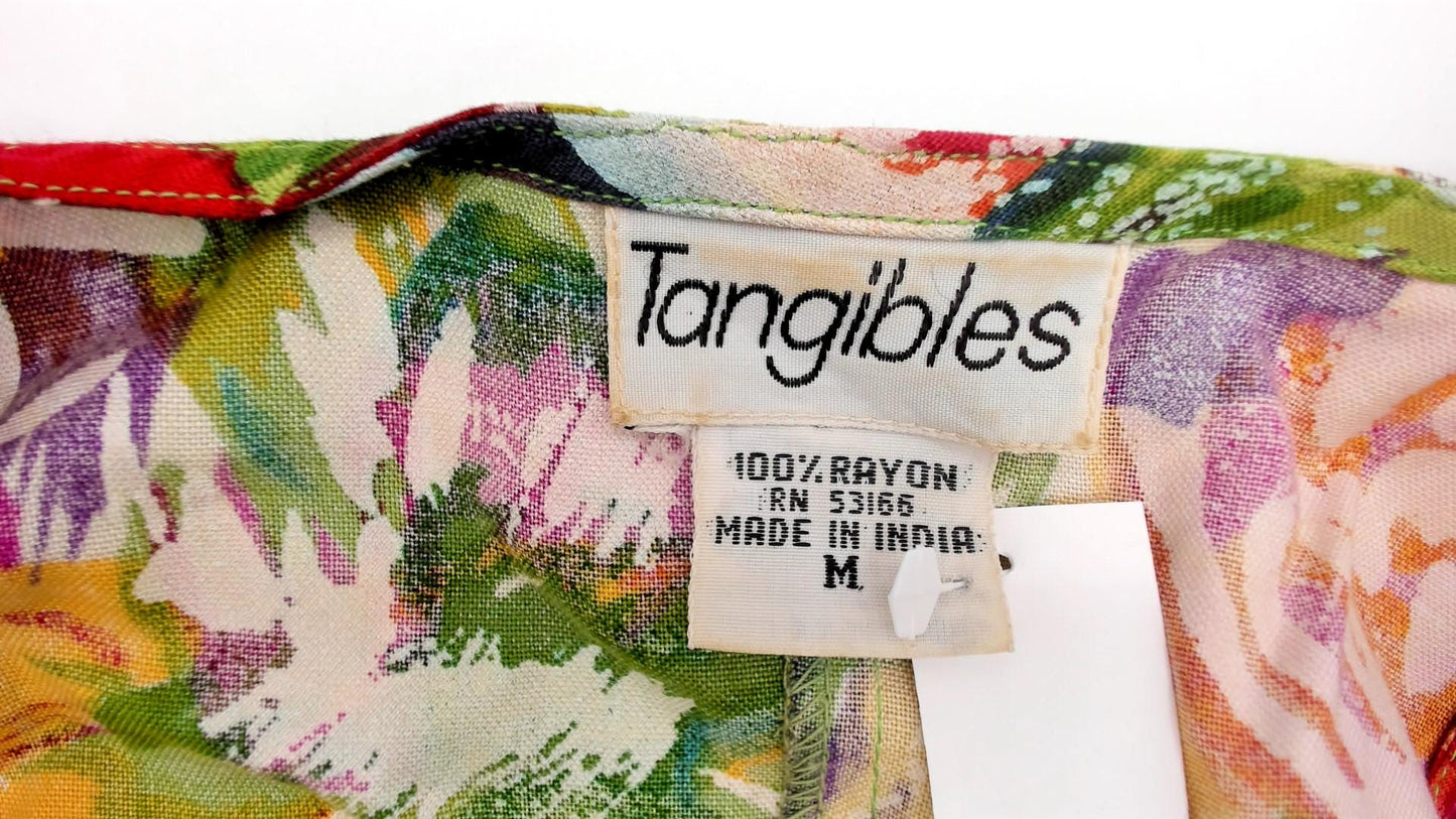 90s Floral Sundress Puff Sleeve Multicolor Watercolor Button Front Medium