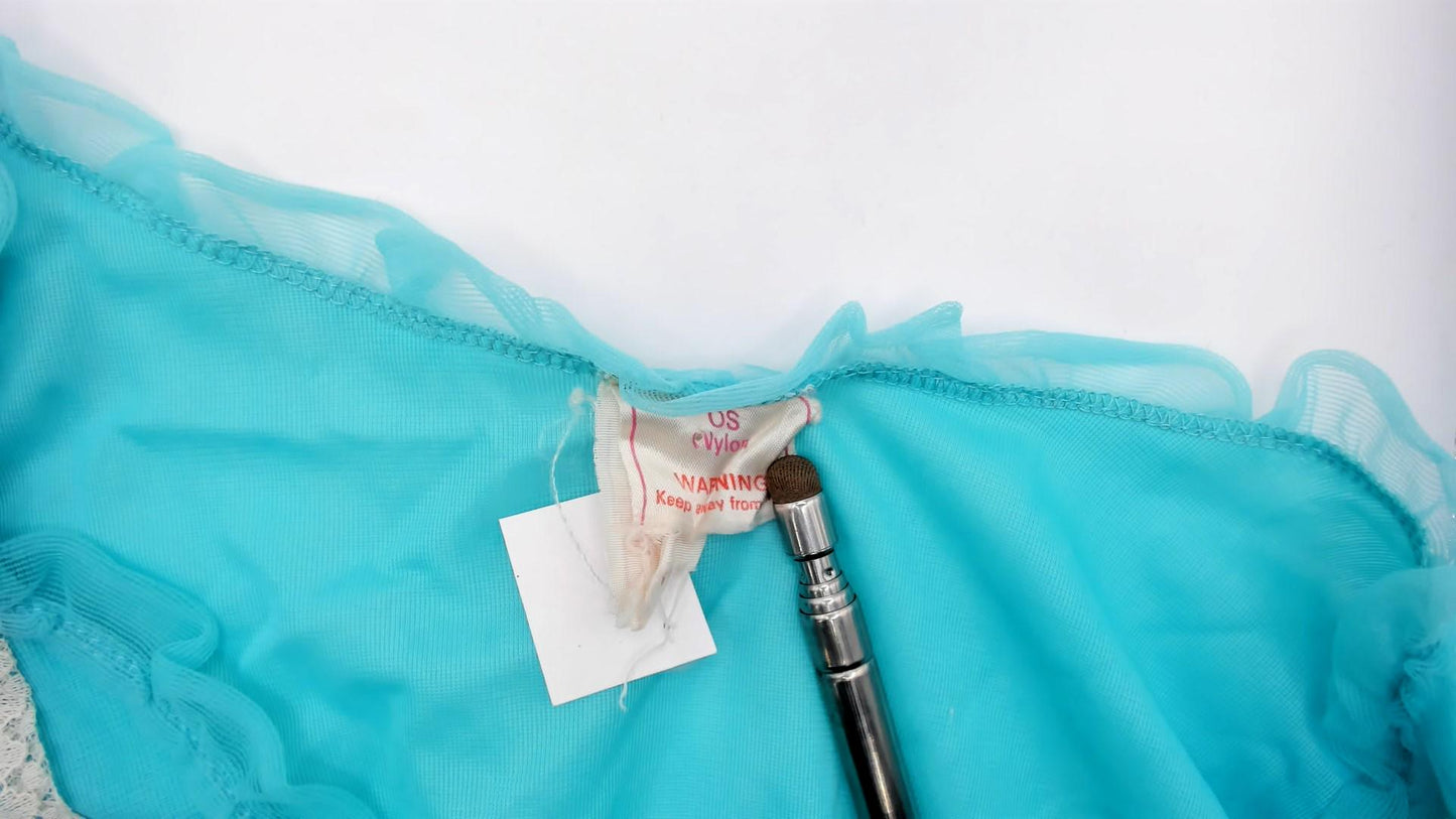 70s Aqua Blue Nylon Robe Sheer Ruffle Lace Trim V-Neck Maxi Medium