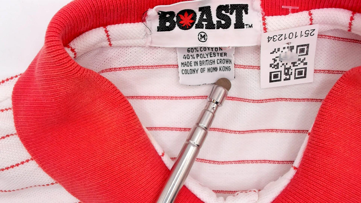 90s Boast Striped Polo Shirt Red White Cannabis Leaf Embroidered Medium