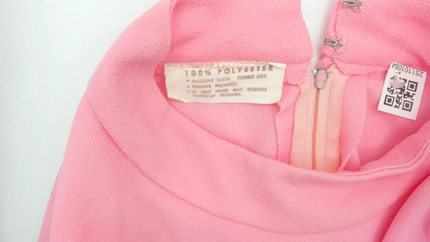 70s Pink Mini Shift Dress Long Sleeve Embroidered Mock Neck Large L