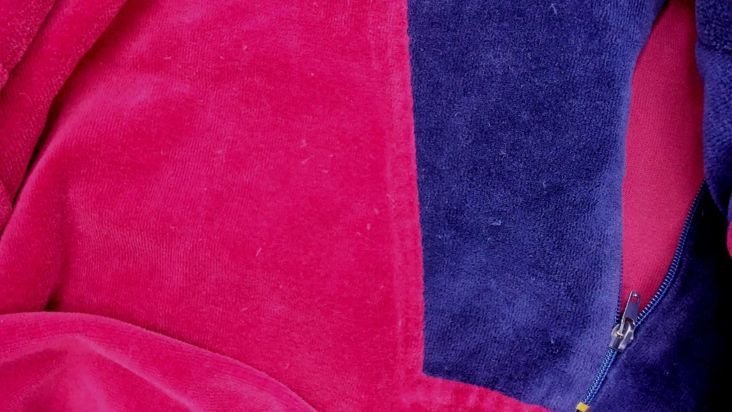 80s Velour Pullover Burgundy Navy Colorblock Half Zip Collared Track Top Medium